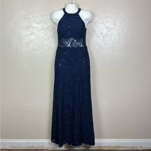 BRAND NEW Morgan & Co navy blue lace sequin prom dress, size 6